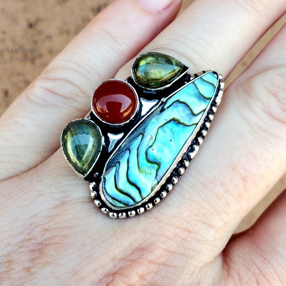 New Abalone Shell, Carnelian & Labradorite 925 Silver Ring. - Picture 8 of 16